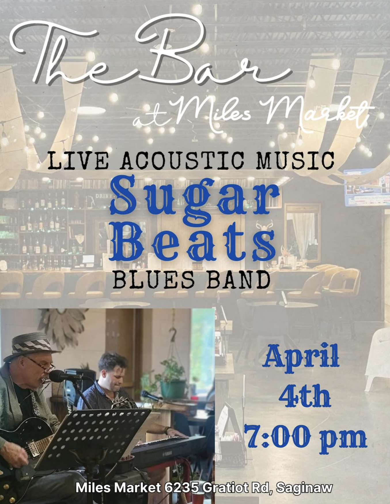 Poster for live acoustic music at Miles Market in Saginaw